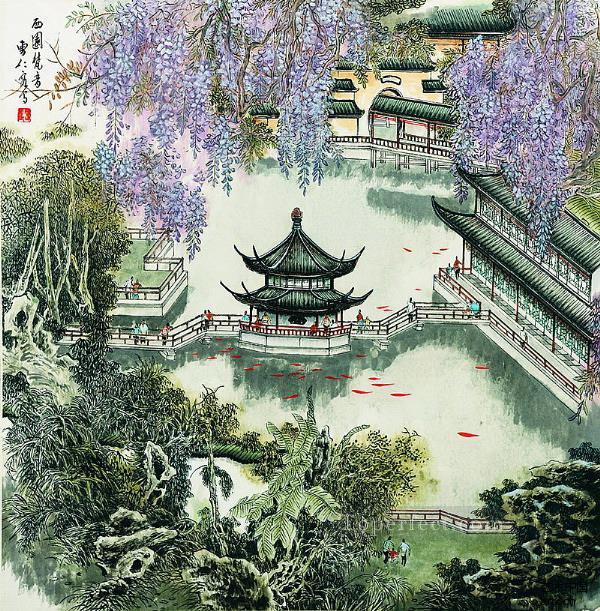 Cao renrong Suzhou Park en primavera chino antiguo Pintura al óleo